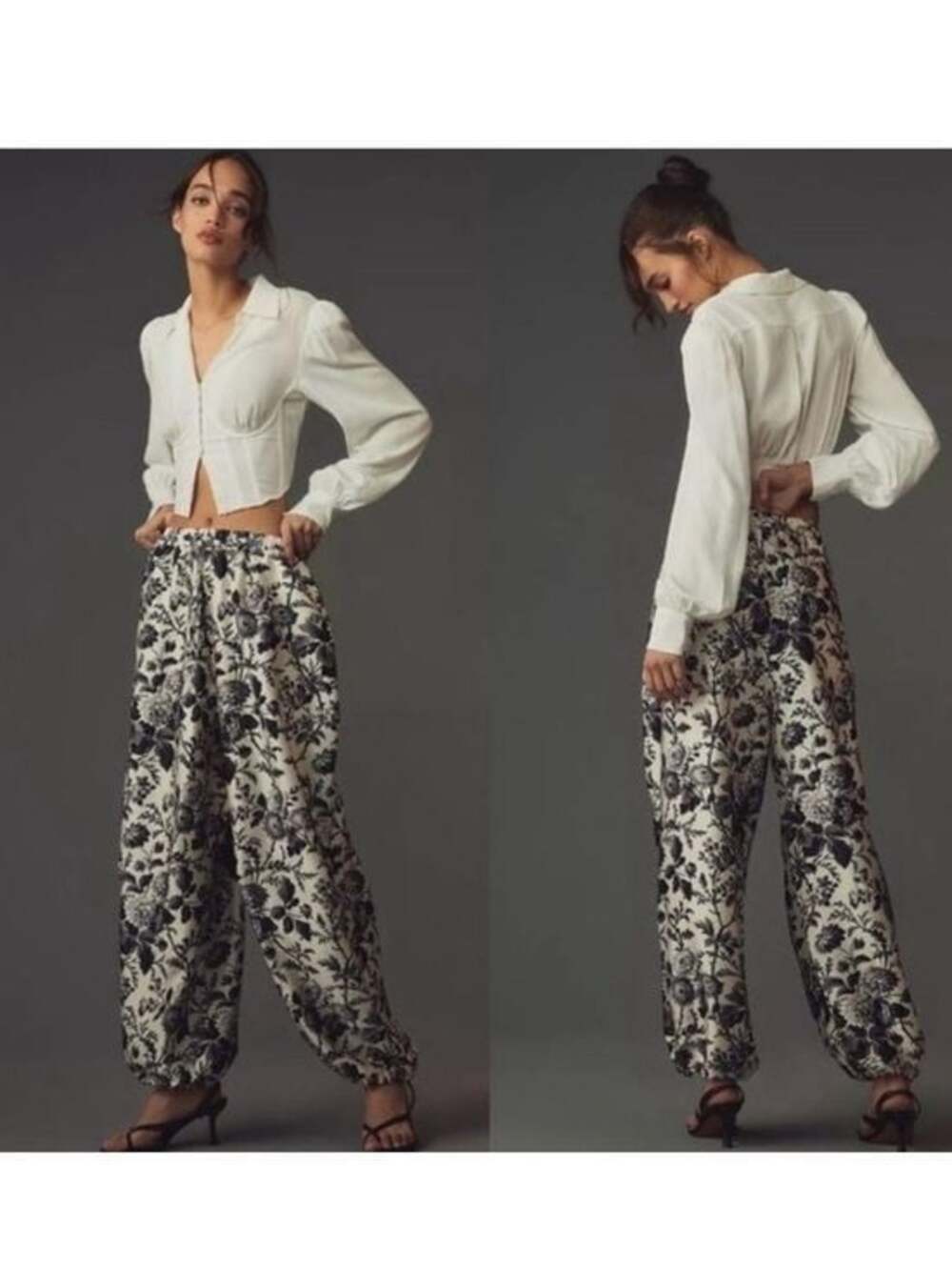Maeve by Anthropologie Black and White Floral Silk Balloon Parachute Pants, M - Picture 1 of 5
